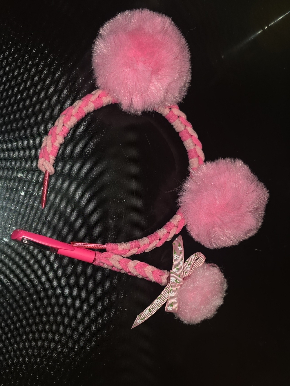 Pink Pom-Pom Braided Kids Headband with Pen Accessory